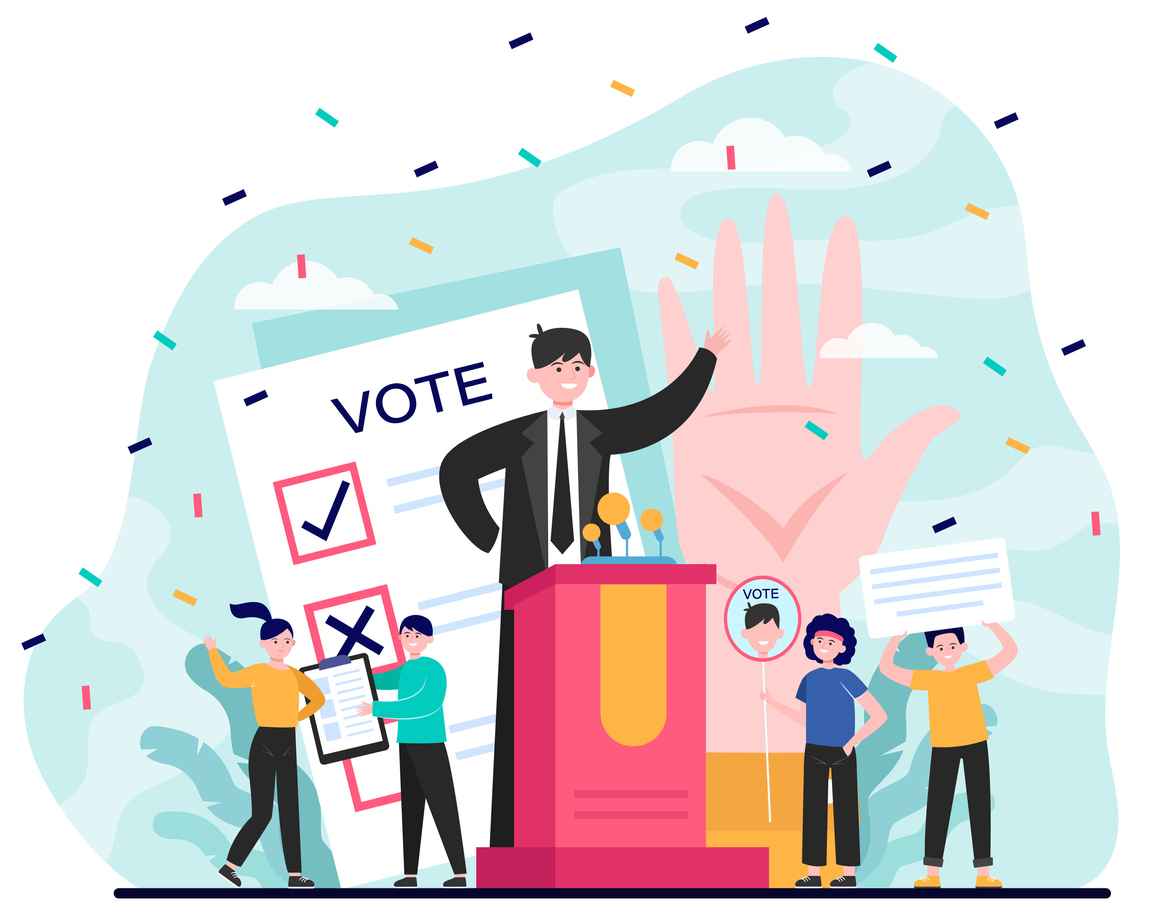 Election and political campaign. Politician speaker, candidate, voting citizens, ballot paper. Flat vector illustration for democracy, society, referendum concepts